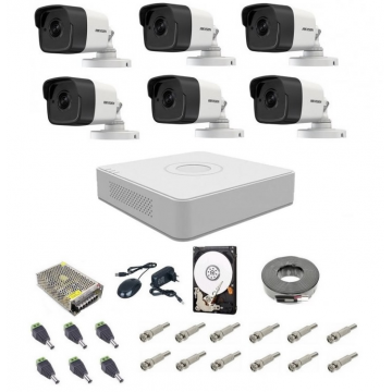 Kit complet supraveghere 5 MP Hikvision Turbo HD cu 6 camere Bullet IR 20 m,alimentatori, cabluri, mufe, HDD 1Tb, vizualizare pe internet