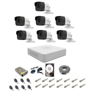 Kit complet supraveghere 5 MP Hikvision Turbo HD cu 7 camere Bullet IR 20 m, alimentatori, cabluri, mufe, HDD 2Tb, vizualizare pe internet