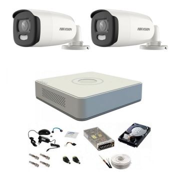 Sistem complet de supraveghere, 5 Mp, Hikvision, 2 camere ColorVU cu lumina alba 40m, color noaptea