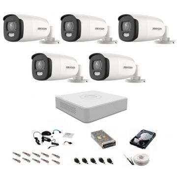 Sistem complet de supraveghere 5 Mp, Hikvision, 5 camere ColorVU cu lumina alba 40 m, color noaptea