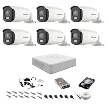 Sistem complet de supraveghere 5 Mp, Hikvision, 6 camere ColorVU cu lumina alba 40 m, color noaptea