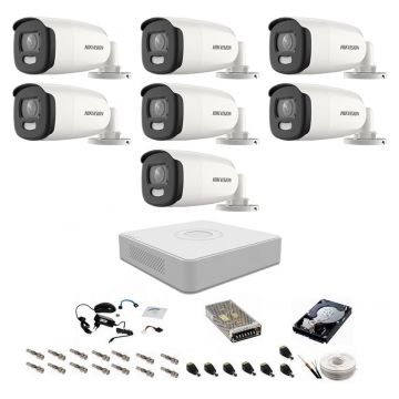 Sistem complet de supraveghere 5 Mp, Hikvision, 7 camere ColorVU cu lumina alba 40 m, color noaptea