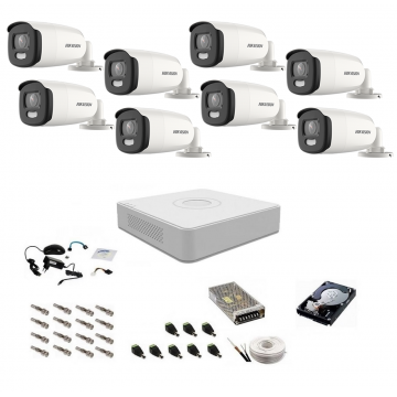 Sistem complet de supraveghere 5 Mp, Hikvision, 8 camere ColorVU cu lumina alba 40 m, color noaptea