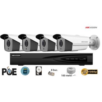 Kit complet supraveghere video Hikvision 4 camere IP de exterior, 2MP FullHD 1080p, SD-card, IR 50m