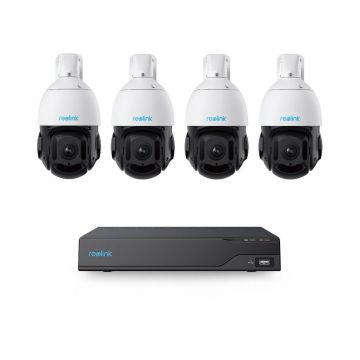 Sistem supraveghere exterior IP Speed Dome PTZ Reolink KIT-RLK-4INTIP-8MP-80M-P-M, 4 camere, 4K, 5.3-86 mm, IR 80 m, slot card, microfon, PoE, zoom 16x, auto tracking