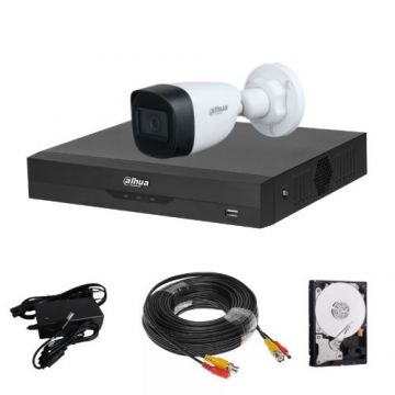 Kit supraveghere Dahua, 1 camera 2MP, lentila 2.8mm, IR 30m, DVR 4 canale, 5MP, 1 x HDD, accesorii