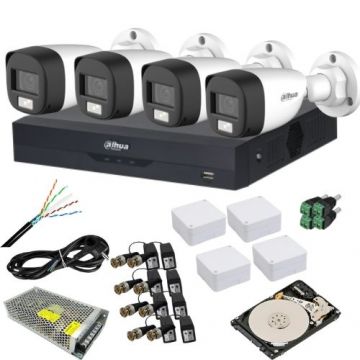 Kit analog Dahua 4 camere analog 5MP IR 20m lumina alba 20m lentila 3.6mm, DVR 4 canale 5MP, sursa 12V 10A, video balun, doza, cablu UTP CAT5, mufe, HDD 1TB