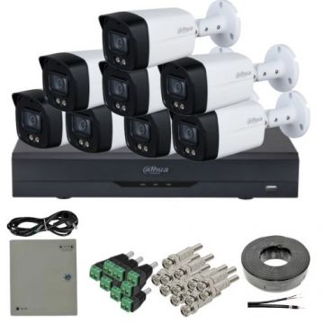 Kit supraveghere analog Dahua 8 camere 5MP lentila 3.6mm IR/lumina alba 40m microfon, DVR 8 canale 8MP 4K functii AI si accesorii