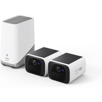 Set 2 Camere de supraveghere eufy SoloCam S220 + HomeBase 3, Wireless, Panou Solar, Rezolutie 2K, 2.4 GHz Wi-Fi, IP67, Alb