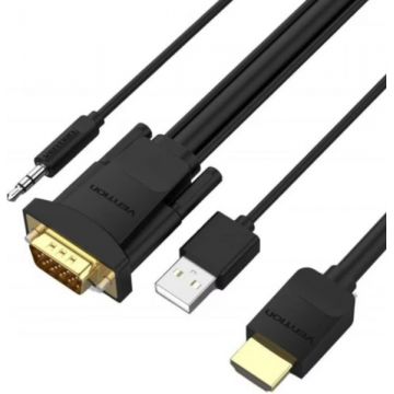 Cablu video Vention HDMI Male - VGA Male & Jack 3.5 mm & USB 2.0, 2 m, Negru