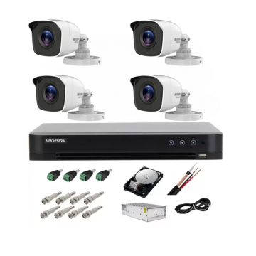 Kit complet supraveghere 5 MP lite Hiwatch by Hikvision Turbo HD cu 4 camere Bullet IR 20m, alimentator, cabluri, mufe, HDD 1 Tb, vizualizare pe internet