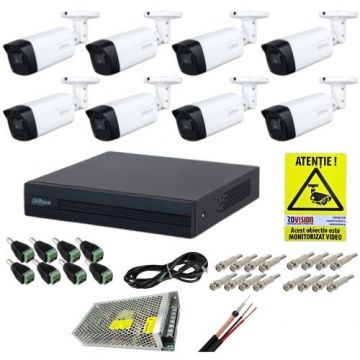 Kit de supraveghere complet Dahua 8 camere 2MP IR 80m Lentila 3.6mm, DVR 8 canale WizSense 1080N/720p, accesorii montaj + CADOU Autocolant Rovision