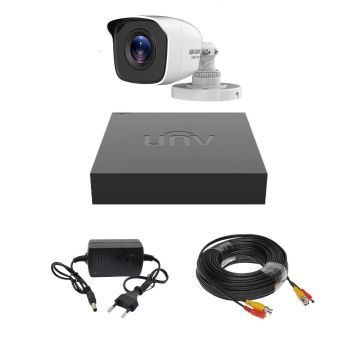 Kit supraveghere 1 camera 4 in 1 Hikvision HiWatch 2MP Infrarosu 20 metri IP66, DVR Hibrid Uniview cu 4 canale 2MP, Cablu, Sursa alimentare