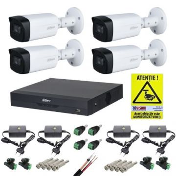 Kit supraveghere 4K Dahua 4 camere IR 40m IP67, DVR WizSense 4 canale 4K-N/5MP, accesorii montaj+cadou autocolant ROVISION