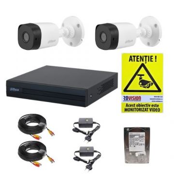 Kit supraveghere Dahua 2 camere 2MP lentila 3.6mm IR 20m IP67, DVR 4 canale WizSense 1080N/720p, accesorii montaj, HDD 500GB + CADOU Autocolant ROVISION