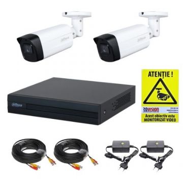 Kit supraveghere Dahua 2 camere HDCVI 2MP IR 40m Lentila 2.8mm, DVR WizSense 4 Canale 1080N/720p, accesorii montaj + CADOU Autocolant Rovision