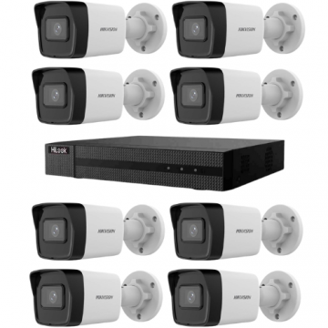 Kit supraveghere Hikvision HiLook 8 camere IP 4MP PoE IR 30m IP67 si NVR 8 canale 6MP PoE 1 port SATA