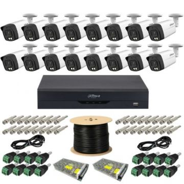 Kit supraveghere profesional Dahua 16 camere Dual Light 5MP Microfon IR 40m, DVR 16 canale 5MP WizSense si accesorii montaj