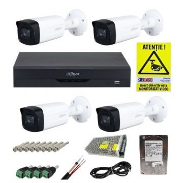 Kit supraveghere profesional Dahua 4 camere 2MP IR 40m IP67, DVR 4 canale WizSense 5MP, HDD 1TB, accesorii montaj si autocolant ROVISION