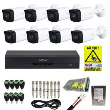 Kit supraveghere profesional Dahua 8 camere 2MP IR 40m IP67, DVR 8 canale WizSense 5MP, HDD 1TB, accesorii montaj si autocolant ROVISION