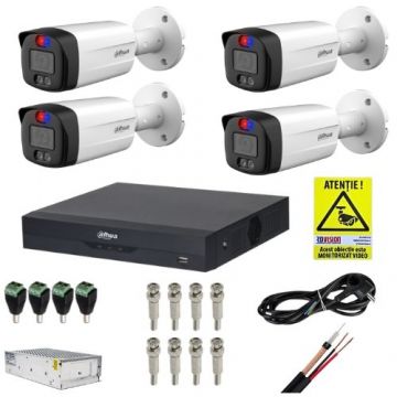 Sistem supraveghere complet Dahua 4 camere 5MP Alarma Microfon Smart Dual Light IR 40m Lumina Alba 40m Lentila 3.6mm, DVR 4 canale 8MP 4K Audio WizSense, Accesorii montaj  + CADOU Autocolant Rovision