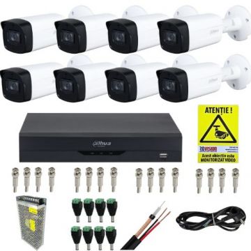 Sistem supraveghere complet Dahua 8 camere 5MP Starlight IR 40m, DVR 8 canale WizSense 5M-N/1080P, Accesorii montaj + CADOU Autocolant Rovision