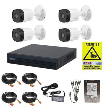 Sistem supraveghere complet de exterior Dahua 4 camere 2MP IR 20m Lentila 3.6mm, DVR 4 canale 1080N/720p WizSense, accesorii montaj, HDD 500GB + CADOU Autocolant Rovision