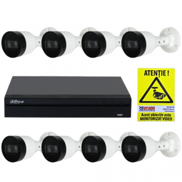 Kit supraveghere 8 camere Dahua 4MP IR 30m Microfon IP67 PoE, NVR 8 canale PoE 12MP SMD Plus+Autocolant ROVISION