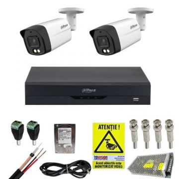 Kit supraveghere complet Dahua 2 camere 2MP Dual Light 2MP IR 40m Microfon, DVR 4 canale 5MP WizSense, accesorii, HDD + Cadou Autocolant Rovision