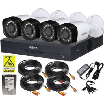 Kit supraveghere complet Dahua 4 camere 2MP IR 20m, DVR 4 canale 5MP WizSense, accesorii, HDD 500GB + Autocolant Rovision