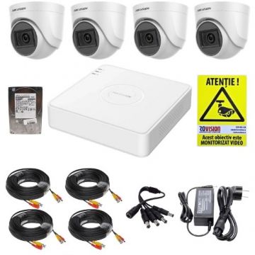 Kit supraveghere Hikvision 4 camere 2MP Audio IR 20m Lentila 2.8mm, DVR 4 canale 2MP, accesorii, HDD 500GB + Cadou Autocolant Rovision