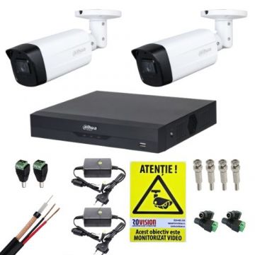 Sistem supraveghere complet Dahua 2 camere 2MP IR 80m lentila 3.6mm, DVR 4 canale 5MP WizSense, accesorii + Cadou Autocolant Rovision