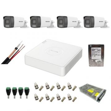 Sistem supraveghere complet Hikvision 4 camere 5MP IR 40m Lumina Alba 40m Microfon, DVR 4 canale 8MP, HDD 1 TB, accesorii montaj