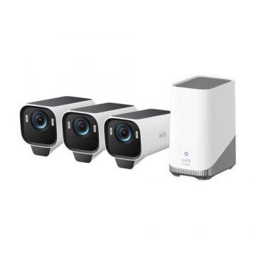 Sistem supraveghere video wireless eufyCam S3 Pro, 4K, BionicMind™, MaxColor Vision, Panou Solar integrat, Homebase 3 + 3 camere video eufyCam S3 (Alb/Gri)