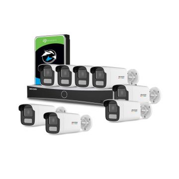 Sistem supraveghere IP exterior complet HikVision KIT-HIK-C8EXT2MP-CV50M-POE, 8 camere, 2 MP, 4 mm, lumina alba 50 m, PoE, HDD 2TB