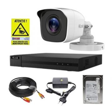 Sistem supraveghere analog Hikvision Hilook, 1 camera 2 MP, lentila 2.8mm, IR 20m, DVR 4 canale 4 MP, hard disk 500GB, accesorii Sistem supraveghere analog Hikvision Hilook, 1 camera 2 MP, lentila 2.8mm, IR 20m, DVR 4 canale 4 MP, hard disk 500GB, accesorii