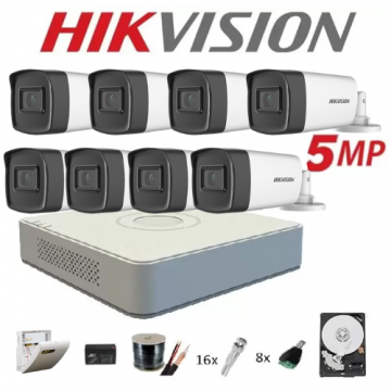 Kit complet 8 camere supraveghere exterior 5MP TURBOHD HIKVISION 40 m IR, accesorii+hard 2TB